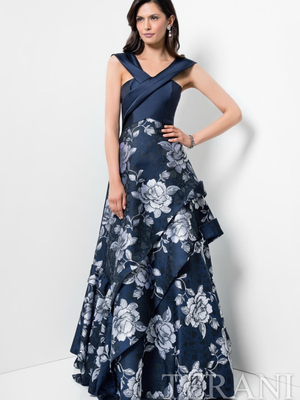 Terani Couture Navy and White Floral Draped Gown